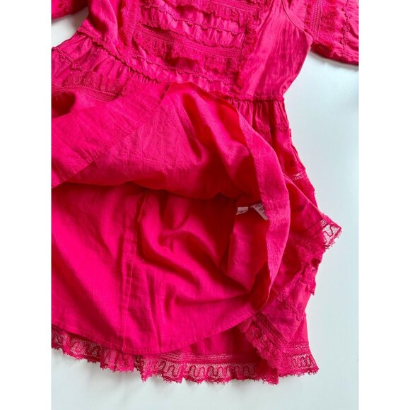 ULLA JOHNSON Amour Fuchsia Pink Cotton Lace Ruffle Balloon Sleeve Dress, Size 6 - Picture 12 of 16